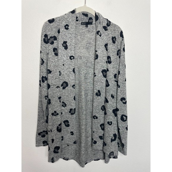 Gibson Small Cardigan Gray Leopard Print Open Front Fleece Long Sleeve Soft Cozy - Picture 2 of 11